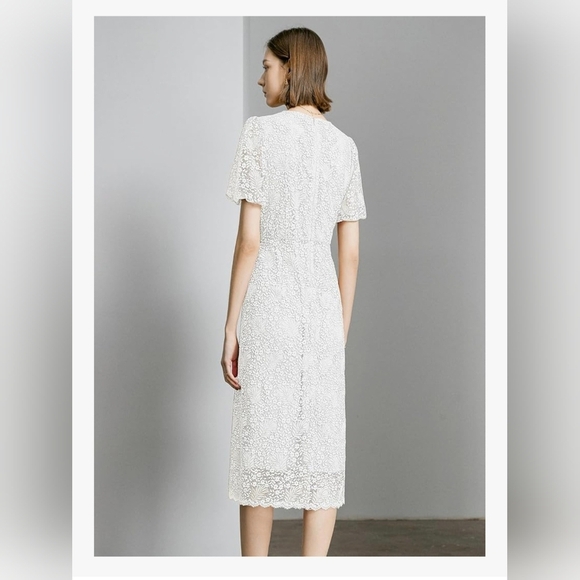 Lace Floral V-Neck Dress with Puff Sleeves and Back Zipper #1001 - Picture 8 of 12